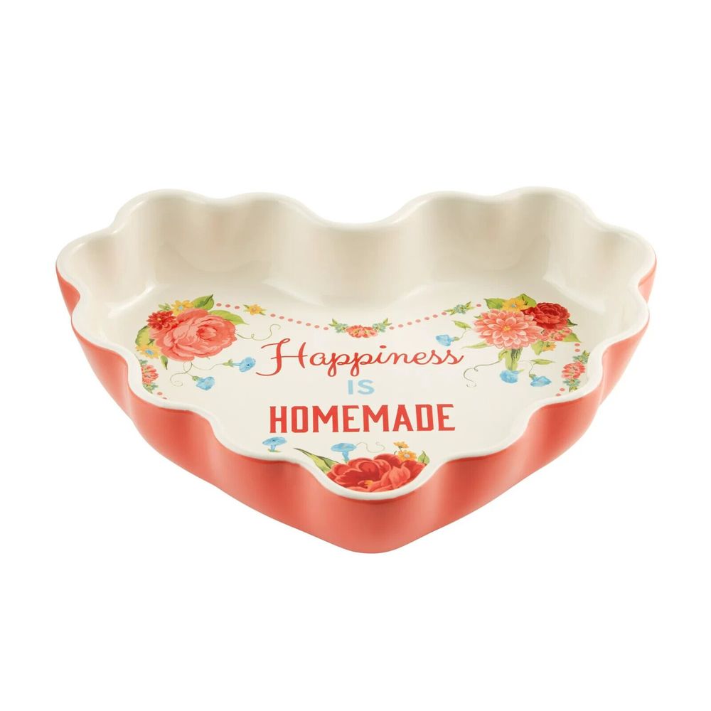 Pioneer Woman Ceramic Pie Plate Heart Shaped Stoneware Baking Dish Floral Pink